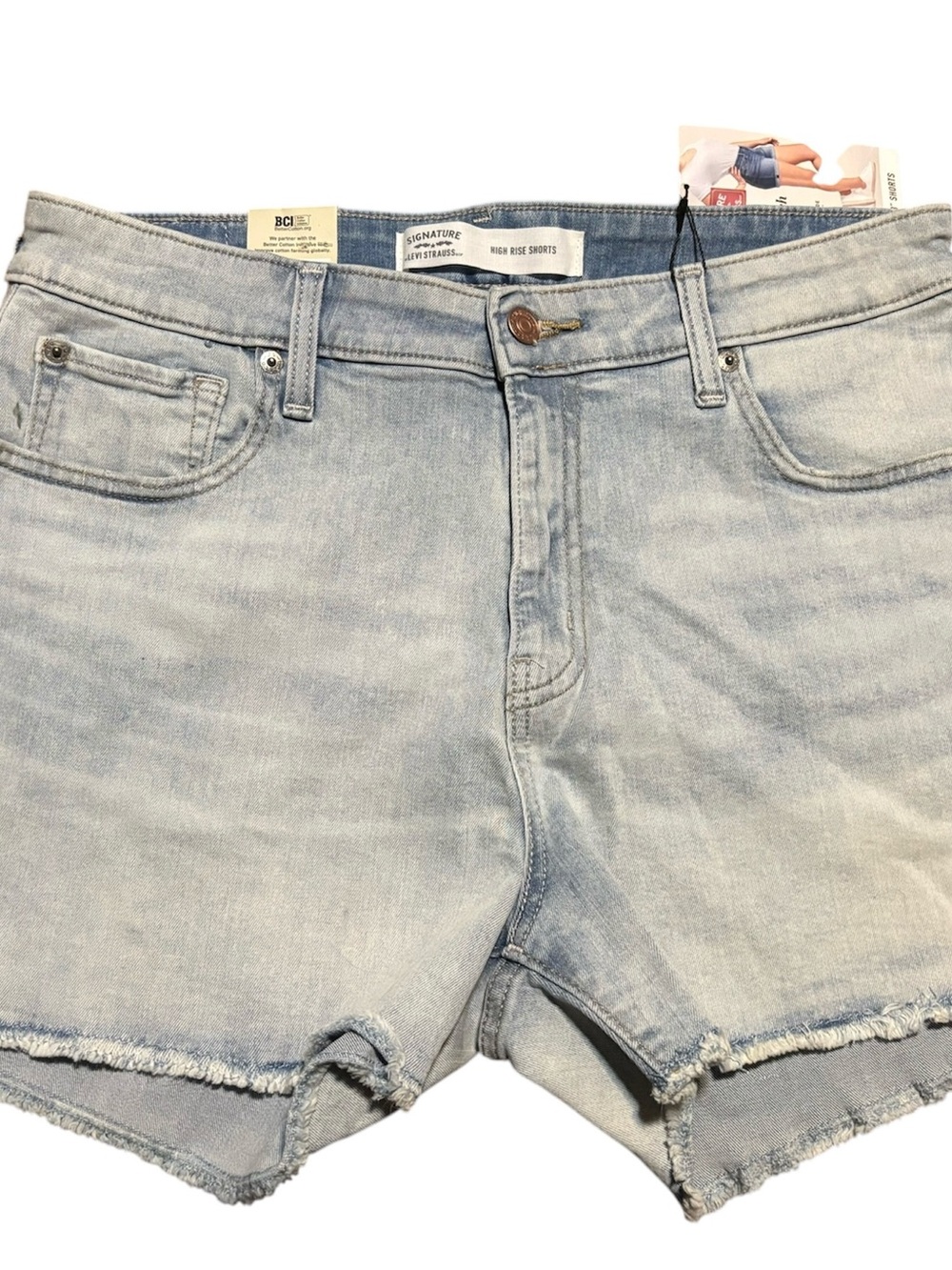 Signature Light Wash Raw Hem High-Rise Denim Shorts